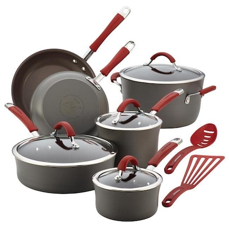 Rachael Ray Rachael Ray 87630 Cucina Hard-Anodized Nonstick 12-Piece Cookware Set; Gray With Cranberry Red Handles 87630